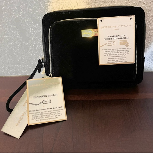 Adrienne Vittadini Handbags - Black Velvet Quilted Charging Wristlet